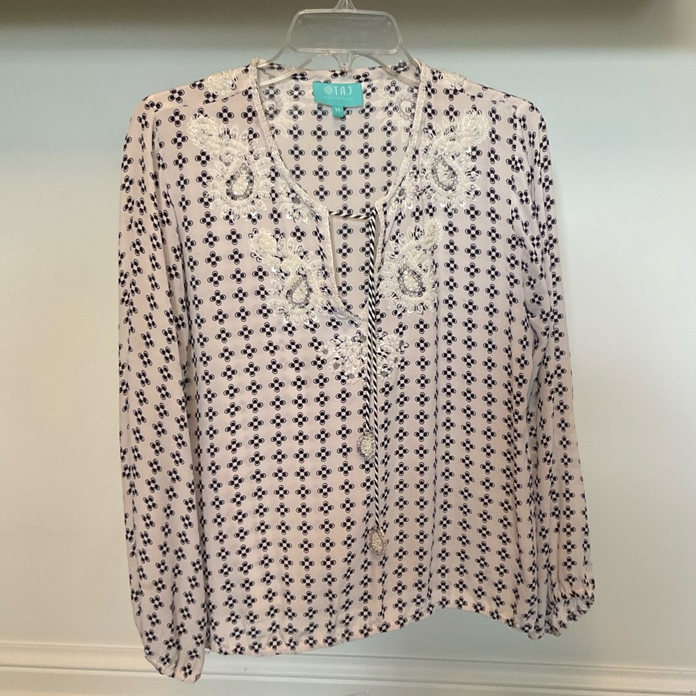 TAJ by Sabrina Crippa Luxury White and Navy Blouse with White Beading